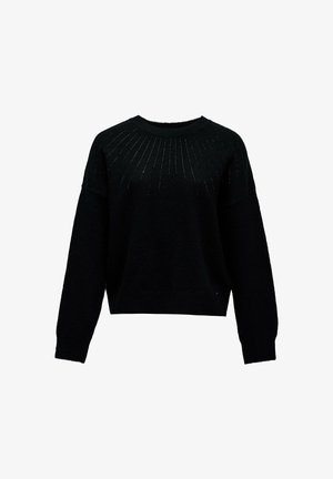 Pull noir à manches longues en maille avec un col rond côtelé et un subtil détail vertical perforé sur la poitrine.