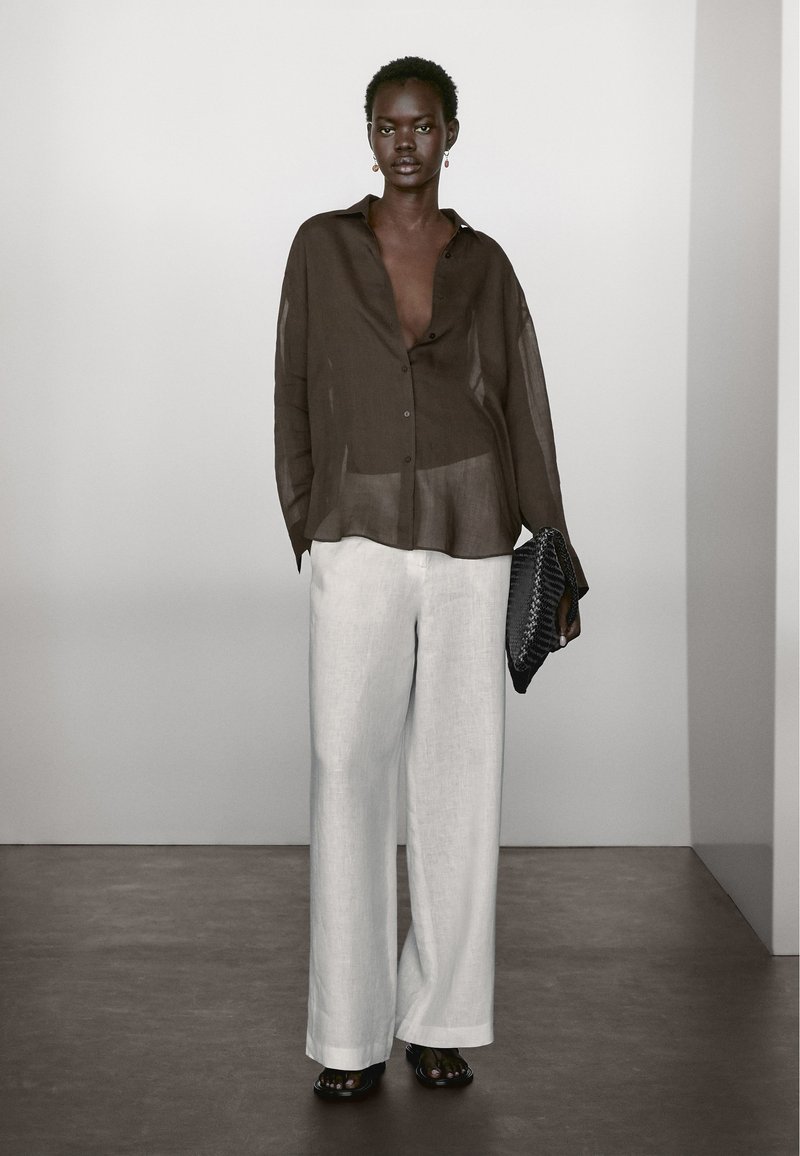 Camicia trasparente marrone con bottoni e maniche ampie, abbinata a pantaloni in lino grigi chiari a vestibilità larga. Accessoriata con una pochette nera a trama.