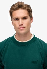 Groene sweatshirt met geribde kraag en manchetten, voorzien van een structuurstof en geborduurd logo op de borst. Klassiek crewneck ontwerp.