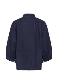 Dark blue denim shirt with a loose fit, featuring a collar and puffed sleeves. The back view showcases its relaxed silhouette and stitching details.