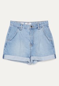 Vaaleansininen farkkushortti, jossa on korkea vyötärö, käärityt lahkeet ja viisi taskua, etupainikehakkemella. Pehmeä tuntuma.