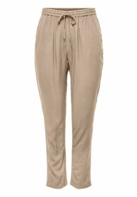Beżowe, lekkie spodnie dresowe z elastycznym pasem, sznurkiem, bocznymi kieszeniami i luźnym krojem, charakteryzujące się gładką teksturą.