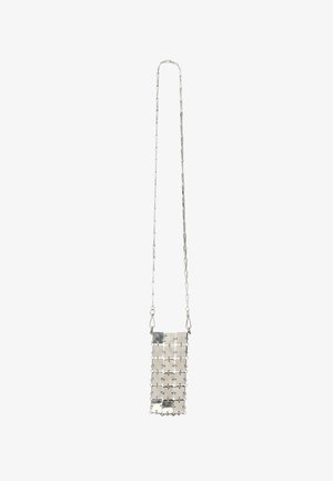 Metallic silver crosshatch design handbag with a chain strap, rectangular shape, smooth texture, and small metal accents.