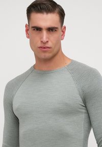 Camisa de manga longa cinza claro, texturizada, com um design ajustado e padrão canelado. Apresenta mangas raglan e decote redondo.