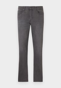 Jean gris à jambe droite avec un design classique à cinq poches, passants de ceinture et braguette boutonnée, posé à plat sur un fond blanc uni.