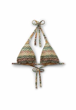 Trójkątny top bikini z wielokolorowym wzorem zygzaków w ziemistych tonacjach, z zapięciami na szyi i z tyłu wiązanymi na kokardę.