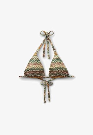 Trójkątny top bikini z wielokolorowym wzorem zygzaków w ziemistych tonacjach, z zapięciami na szyi i z tyłu wiązanymi na kokardę.