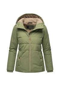 Groene pufferjack met afneembare capuchon, ritssluiting aan de voorkant, zijzakken en fleece voering. Kenmerkt een gestikt ontwerp en ribgebreide manchetten.