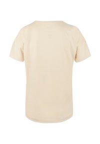 Camiseta de manga corta en color beige, fabricada con tejido suave. Cuenta con un cuello redondo y un dobladillo curvado. Diseño minimalista sin adornos.