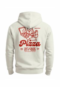 Cream hoodie with red graphic of smiling chef holding pizza box and text: "Pizza, Eat a slice do it twice, open 24/7."