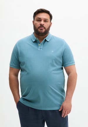 Mann mit Bart, der ein hellblaues Poloshirt und dunkle Hose trägt, steht mit einer Hand in der Tasche vor weißem Hintergrund.