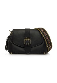 Borsa a tracolla in pelle nera con pattina frontale, dettaglio a fibbia, frange decorative e una tracolla a motivo con ricami floreali rosa.