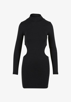 Mustmustar dress pikkade varrukatega, kõrge nupuga kaelus ja välja lõigatud külje detailid. Valmistatud sujuvast ja venivast kangast.