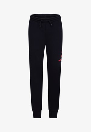 Pantaloni jogger neri realizzati in tessuto morbido, con vita elasticizzata e coulisse, gambe affusolate e un dettaglio grafico rosso sul lato.