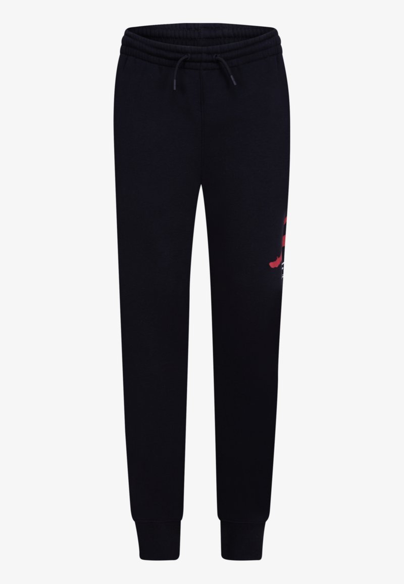 Schwarze Jogginghosen aus weichem Stoff, mit elastischem Bund und Kordelzug, schmal zulaufenden Beinen und einem roten grafischen Detail an der Seite.