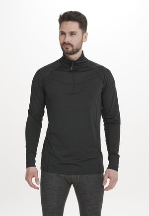 Schwarzes Langarm-Zip-Up-Oberteil mit hohem Kragen. Verfügt über eine enge Passform, eine glatte Textur und subtile Nahtdetails an den Schultern.