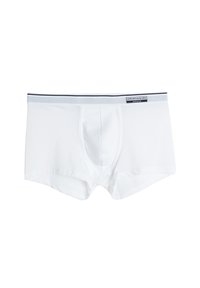 Weiße Herrenboxershorts aus glattem Stoff, mit einer taillierten Passform, kurzen Beinen und einem elastischen Bund in Schwarz und Weiß.