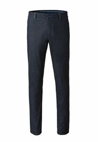 Dunkelblaue, leicht strukturierte Hose aus Baumwollmischgewebe. Sie verfügt über Gürtelschlaufen, einen Knopfverschluss und ein schmal zulaufendes Bein.
