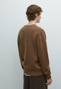 Hnědý pletený svetr s kulatým výstřihem, žebrovanými manžetami a lemem. Měkká textura a volný střih, zobrazený ze zadní strany.