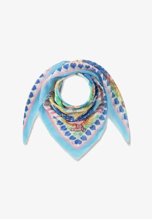 Gefalteter, bunter Schal mit blauem Herzrand und mehrfarbigen Mustern, darunter Blumen und geometrische Formen auf weißem Hintergrund.