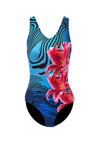 Maillot de bain une pièce avec un fond bleu, des motifs de vagues noirs et des accents floraux roses sur le devant. Tissu lisse et extensible.