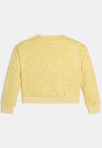 Felpa gialla con un sottile motivo a stampa leopardata, maniche lunghe, polsini a coste e colletto rotondo. Texture liscia su tutta la superficie.