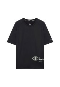 Camiseta deportiva negra de manga corta con cuello redondo, pequeño logo en la manga izquierda y gran texto blanco "Champion" cerca del dobladillo inferior.
