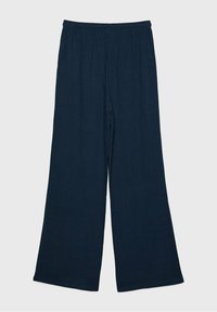 Szerokie granatowe spodnie z lekkiego materiału, z elastycznym paskiem w talii dla komfortu i gładką, jednolitą fakturą na całej powierzchni.