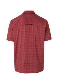 Camisa de manga corta en rojo con un patrón de rejilla, con yugo en la parte trasera y tapeta oculta. Fabricada con un tejido ligero y transpirable.
