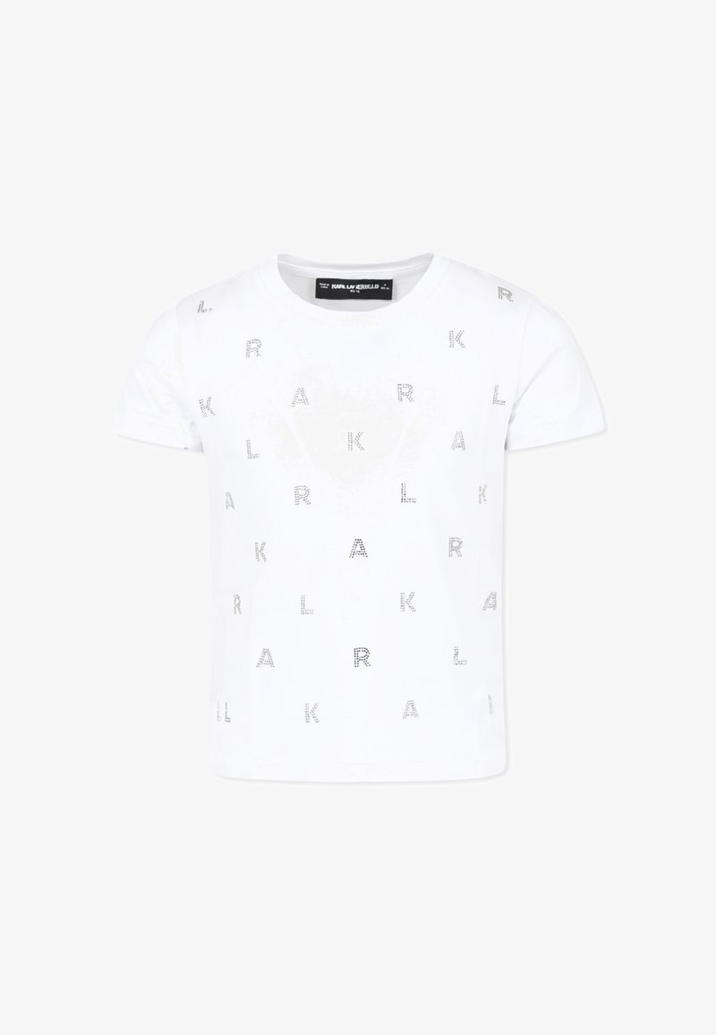 T-shirt en coton blanc à manches courtes, arborant un imprimé répétitif de lettres métalliques dans un motif dispersé sur le devant.