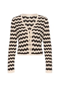 Cardigan en crochet noir et crème avec un motif ondulé, col en V et fermeture à nouer à l'avant ; manches longues et ourlet en dents de scie.