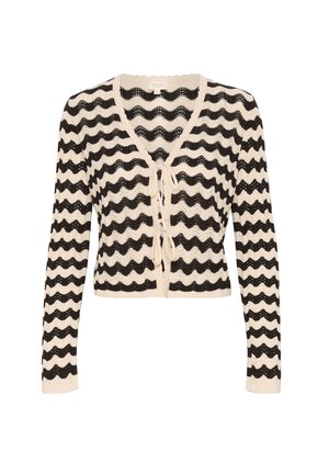 Cardigan en crochet noir et crème avec un motif ondulé, col en V et fermeture à nouer à l'avant ; manches longues et ourlet en dents de scie.