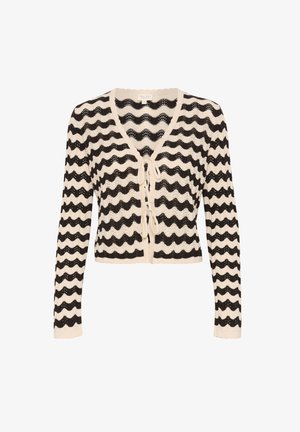 Čierny a krémový háčkovaný kardigán s vlnitým vzorom, výstrih do V a viazaním na prednej strane; dlhé rukávy a zúbkovaný lem.
