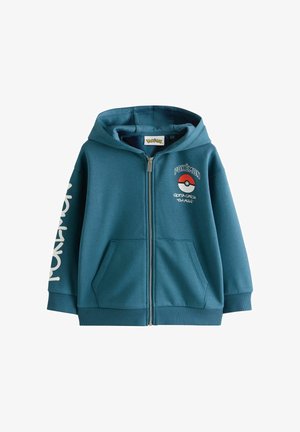 Mėlynas džemperis su užtrauktuku, turintis Pokémon logotipą, Poké rutulio grafiką ir užrašą „Gotta Catch 'Em All!“, su priekinių kišenių ir gaubto.