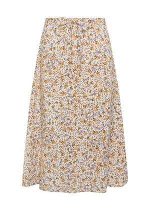 Gonna a trapezio floreale con fiori arancioni e viola su sfondo crema, con cintura annodata in vita.
