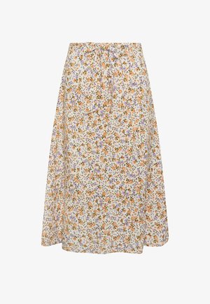 Bloemen A-lijn rok met oranje en paarse bloemen op crèmekleurige achtergrond, met een strikceintuur in de taille.