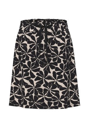 Jupe trapèze avec taille élastique et cordon noir, avec un motif floral abstrait noir sur fond beige.