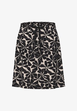 A-line skirt with elastic waistband and black drawstring, featuring a black abstract floral pattern on a beige background.