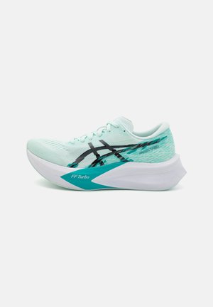 Light blue running shoe with mesh upper, black accents, and white sole. Features a pronounced heel and streamlined design.