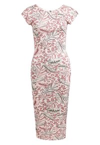 Kwiatowa sukienka bodycon z krótkimi rękawami, z jasnoróżowym tłem, zielonymi i czerwonymi liściastymi wzorami oraz dopasowaną sylwetką.