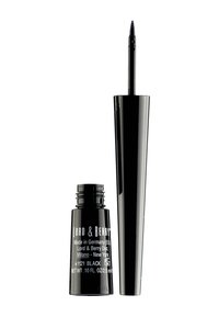 Czarny płynny eyeliner w cylindrycznej butelce z zwężającym się aplikatorem. Błyszczące wykończenie z białym napisem z nazwą marki i koloru.