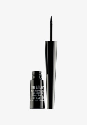 Black liquid eyeliner in a cylindrical bottle with a tapered applicator. Glossy finish with white text labeling brand and color.