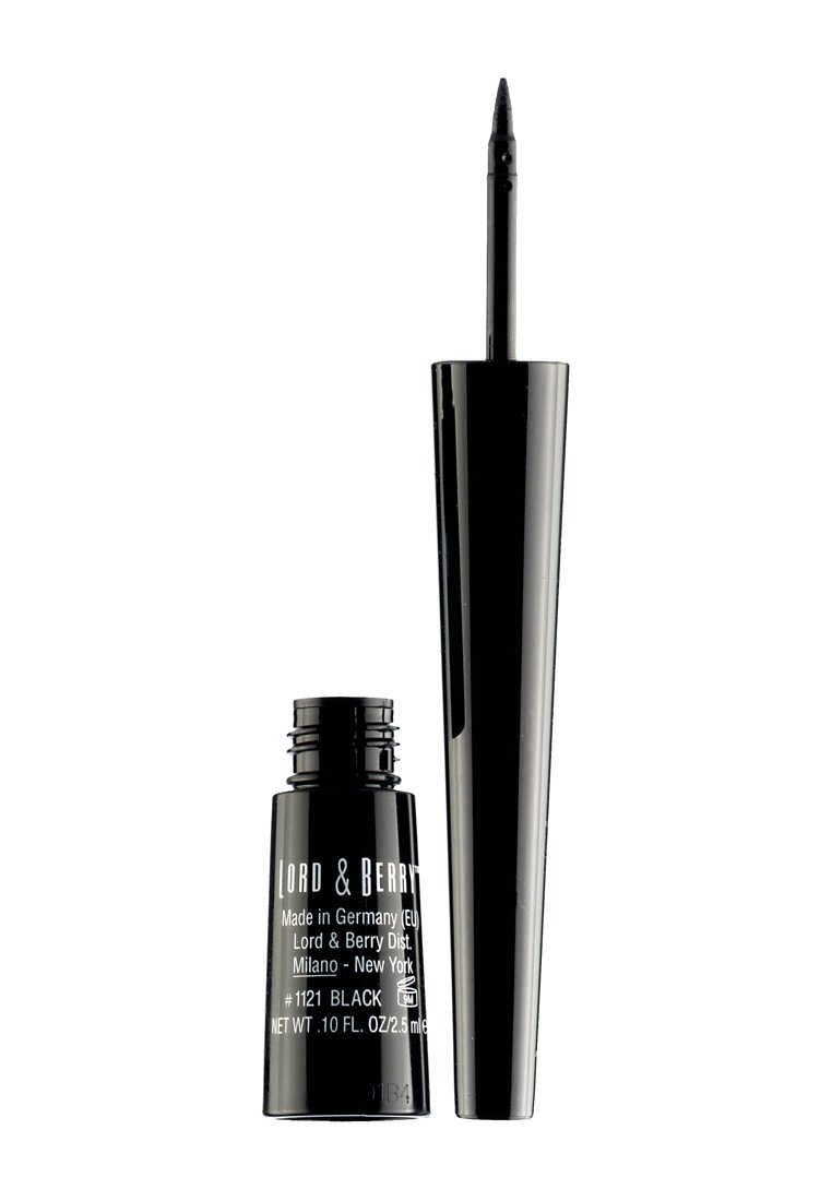Czarny płynny eyeliner w cylindrycznej butelce z zwężającym się aplikatorem. Błyszczące wykończenie z białym napisem z nazwą marki i koloru.