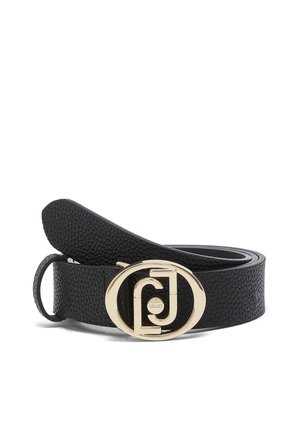 Cintura in pelle nera testurizzata con fibbia ovale dorata con logo LJ intrecciato e piccolo nome del marchio "Liu Jo" al centro.