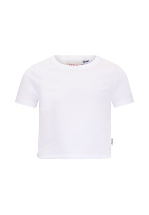 Biała, krótka, dopasowana koszulka z krótkim rękawem, okrągłym dekoltem i subtelnym logo 'RJ' na piersi, jednolity wzór.