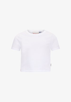 Witte, korte mouwen, cropped T-shirt met ronde hals en een subtiel 'RJ'-logo op de borst, effen ontwerp.