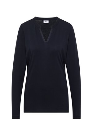 Námořnický modrý dlouhý rukáv s výstřihem do V a prošitými detaily. Měkká látka s hladkou texturou; klasický, uvolněný střih.