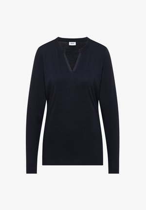 Námořnický modrý dlouhý rukáv s výstřihem do V a prošitými detaily. Měkká látka s hladkou texturou; klasický, uvolněný střih.