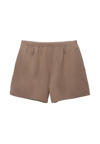 Pantaloni corti in tessuto morbido marrone con vita elastica, tasche laterali e vestibilità comoda. Design semplice, senza motivi visibili o accessori metalizzati.