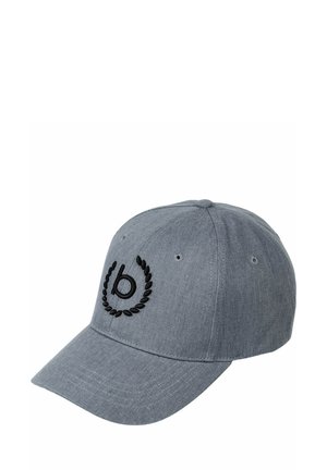 Gray baseball cap made of woven fabric. Features a rounded crown, stiff brim, and black embroidered logo with a laurel design on the front.
